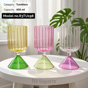 Colored <b>Glass</b> Tumblers 400 ml Ribbed Drinking <b>Glasses</b> Raised Base <b>Juice</b> Water Party Barware - Product Image 1