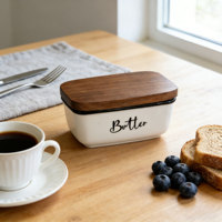 Beurrier classique en céramique avec couvercle en bois d'acacia pour le comptoir, récipient de conservation du beurre
