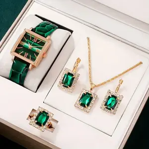 Women's Temperament New Crocodile Pattern Emerald Belt Square quartz watch+diamond jewelry set