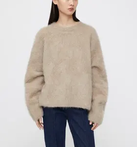 Suéter de algodón de gran tamaño para mujer, jersey de manga larga con cuello redondo, hombros caídos, tejido de alpaca peludo