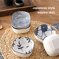 Assiettes carrées en céramique rétro pour restaurant, bleu et blanc, petit plat, vaisselle, plat à sauce soja, plat à assaisonnement avec boîte cadeau