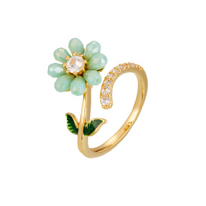 Flower Shaped <b>Adjustable</b> <b>Ring</b> For Women Gold Plated With Green Enamel And Diamond Accents Micro Pave Design Gift Jewelry - Product Image 5