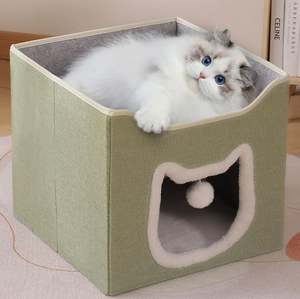 Lit pour chat pliable en forme de cube câlin, lit pour chat douillet avec boule moelleuse et griffoir - Product Image 4