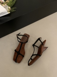 Niche Elegant Single Band Wedge <b>Sandals</b> Women Vintage square Toe Roman <b>Sandals</b> fairy Design Suitable for Summer Dress - Product Image 5