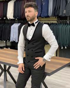 Черный свадебный костюм, комплект из 3 предметов, для мужчин, свадебные костюмы, костюм Homme Mariage жениха Пром Блейзер Terno смокинг, пиджак + брюки + жилет - Product Image 3
