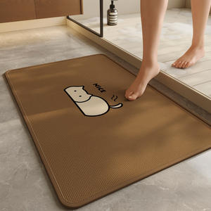 Tapis de bain rectangulaire en imitation lin, absorbant et antidérapant, pour entrée de salle de bain, motif chat et chien, blanc cassé - Product Image 5