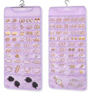 Hanging Jewelry Organizer 88 Pockets Purple <b>Foldable</b> Travel Storage For Earrings Watches <b>Sunglasses</b> Women - Product Image 1