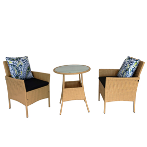 Ensemble <span class=keywords><strong>de</strong></span> 3 pièces en rotin poly avec coussins, idéal pour dîner ou se détendre dans le <span class=keywords><strong>jardin</strong></span>, table et chaises <span class=keywords><strong>de</strong></span> petite taille - Product Image 1
