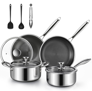 Ensemble de casseroles en acier inoxydable triple couche avec revêtement antiadhésif, poignées en acier inoxydable, compatible gaz et induction, 10 pièces - Product Image 1