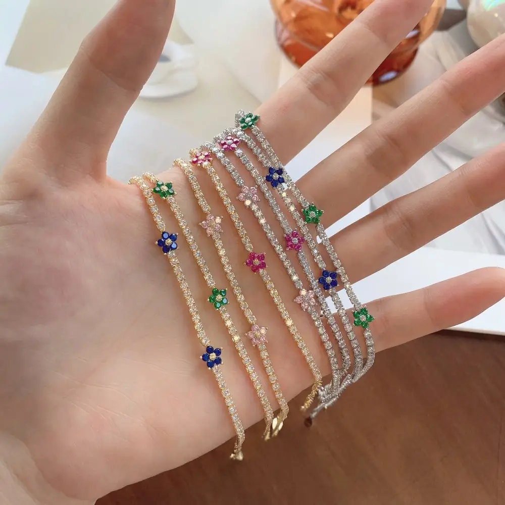 Bracelets de Tennis en argent Sterling 925, bijoux d'été, Zircon cubique, fleur multicolore, Bracelet de Tennis pour femmes