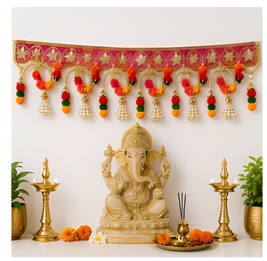 Traditional Indian Toran with Pink Lotus Beaded Tassels and Gold Embroidery for Diwali Entryway Decor Door Hanging - Product Image 2