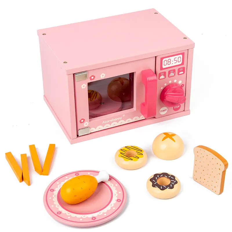 บ้านของเล่นจำลองสีชมพูสำหรับเด็กผู้หญิง,ชุดเตาไมโครเวฟเบเกอรี่ขนมปังทำอาหารของเล่นเพื่อการศึกษาปฐมวัยทำจากไม้สำหรับโรงเรียนอนุบาล