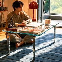 Table basse rectangulaire en verre trempé transparent de style Bauhaus minimaliste moderne et luxueux, meubles de salon, structure en métal