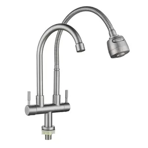 Factory Direct Stainless Steel Brushed Nickel Single Cold Kitchen Tap Double Pipe Swivel Spout Universal Rotate Sink Faucet