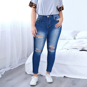 Talla grande azul oscuro elástico de cintura media pies rasgados mallas largas lápiz pantalones vaqueros de mezclilla buena calidad Venta caliente Casual Skinny - Product Image 1