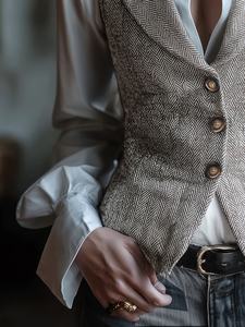 Chaleco de Mujer Tejido de Lana, Corte Entallado, Estilo Vintage |   Trajes de Oficina Ecológicos con Cuello en V y Patrón Espigado para Mujer, Temporada Primavera/Otoño - Product Image 2