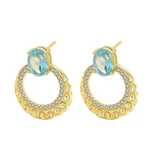 Customize Trendy Gold Earrings Sterling Silver Natural Gemstone Blue Topaz Pave Zircon Hollow Circle Stud Earrings Jewelry