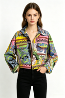 Veste en jean courte pour femme, style vintage baroque floral, imprimé paisley coloré, coupe trucker