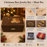 Boîte à musique en bois d'érable avec mouvement Sankyo, artisanale, motif ours de Noël, incrustation marqueterie, pour bijoux et souvenirs, fonctionnement continu, arrêt et pause, cadeau