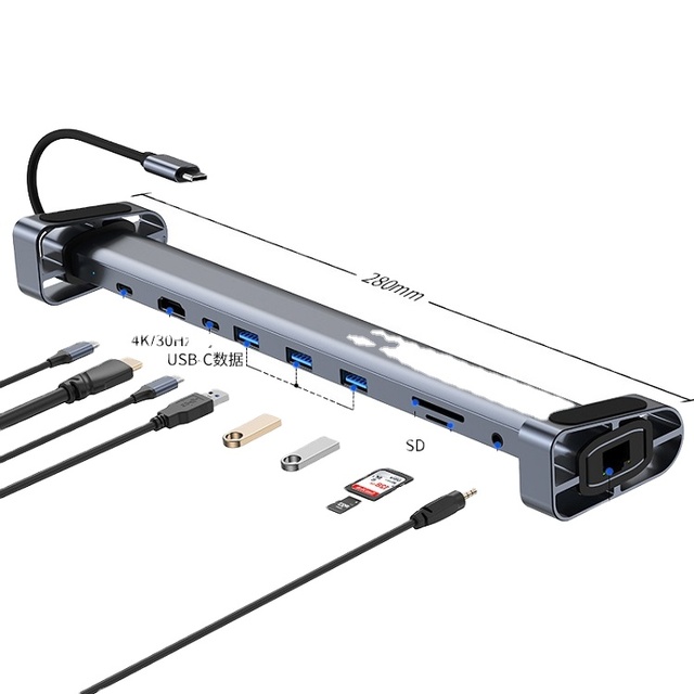 10-in-1 Hub Type C Adapter with VGA RJ45 Ethernet SD TF PD USB3.0 3.5mm Jack Audio & Video Computer Accessories in Stock