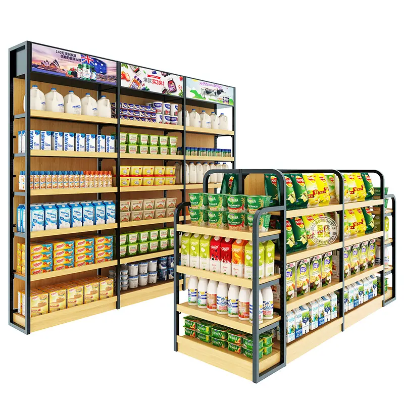 Стеллажи для товаров в супермаркете, стальные и деревянные полки, стеллаж для хранения продуктов