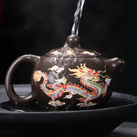 Théière en céramique noire et violette de luxe, écologique, capacité 225 ml, motif Dragon Phénix, service à thé Kung Fu chinois, logo personnalisé
