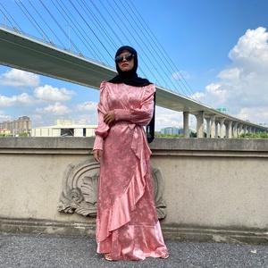 6572# Pretty Small Flowers Print V Neck Long Pleated Elastic Sleeves Special Bottom Fashion <b>Dress</b> Satin Material - Product Image 6