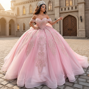 Robe de bal moderne Mumuleo <span class=keywords><strong>rose</strong></span> Quinceanera 2026, longueur au sol, grande taille, dos lacé, cristaux et sequins, lavable, service OEM - Product Image 1