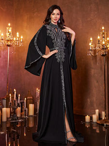 Robe de soirée maxi à fente haute en satin avec col montant et manches bouffantes, texture haut de gamme, applique extravagante, robe musulmane modeste noire - Product Image 6