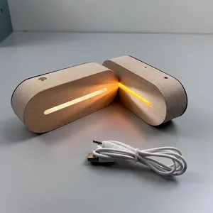 Oval Shape Beech Wood 3D Night Light Lamp Display Base Warm White LED Color USB Power Supply For Blank Acrylic Sheet