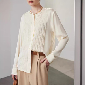 Chemisier Élégant en Soie de Mûrier 90% pour Femme, avec Panneaux en Dentelle, Manches Longues, Extensible, Couleur Unie, Vêtement de Bureau de Luxe 2026 - Product Image 1