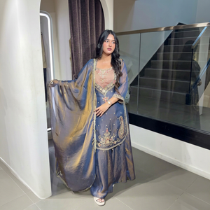 Ensemble Anarkali Palazzo gris-bleu NC MOSS pour femme avec dupatta brodé, tenue ethnique indienne et pakistanaise pour fêtes, séchage rapide, toutes saisons - Product Image 1