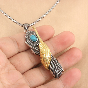 yunnique Two-Tone Stainless Steel Feather Pendant With Turquoise Inlay For Men And Women Gift Necklace 231051 - Product Image 3