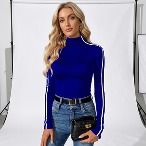 Camiseta de Punto de Manga Larga con Cuello Alto Azul para Mujer, con Rayas Blancas, Corte Ajustado, Casual, Elástica, de Otoño, con Colores Contrastantes - Product Image 2