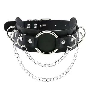 Punk Double Leather Choker Sexy Women Metal O Ring Collar Chain Bondage Necklace