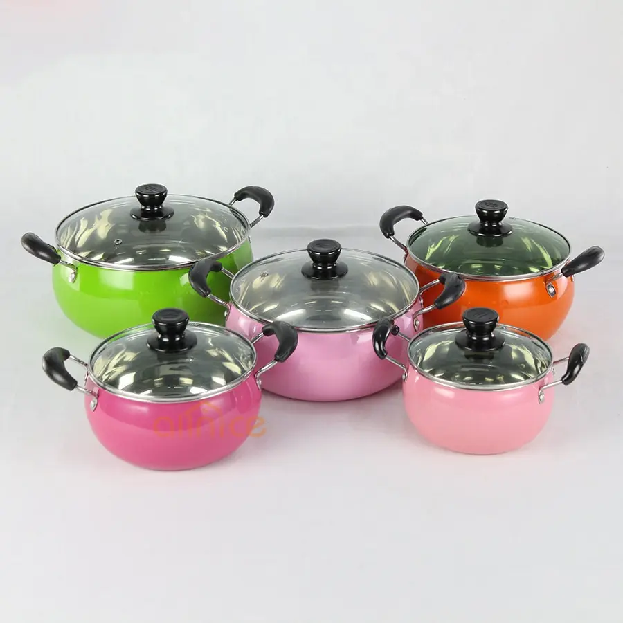 Modern kitchen cookware designs high definition color painting pearl soup pot arc-shape pot with double-riveted bakelite handles