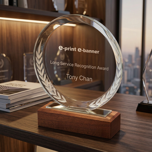 Crystal Award Stele with Wooden Base-Laser Engraved Glass <b>Plaque</b> 140x170mm Letters Theme for Tradeshow Giveaways - Product Image 2