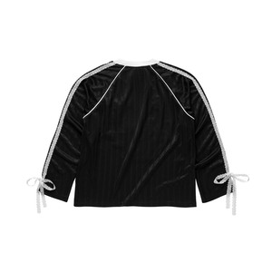 Noir Rabbit Jersey Regular Fit Striped Sheen Poly Spandex Long Sleeve T-Shirts With Center Front Embroidery And Sleeve Lace <b>Bows</b> - Product Image 2