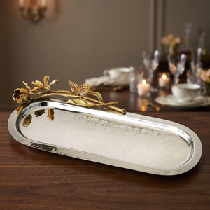 Bandeja de Servir Moderna de Hierro Forjado de Lujo para Bodas, con Asa Decorativa de Mariposa y Rama de Flores, Plato Ovalado de Metal - Product Image 4