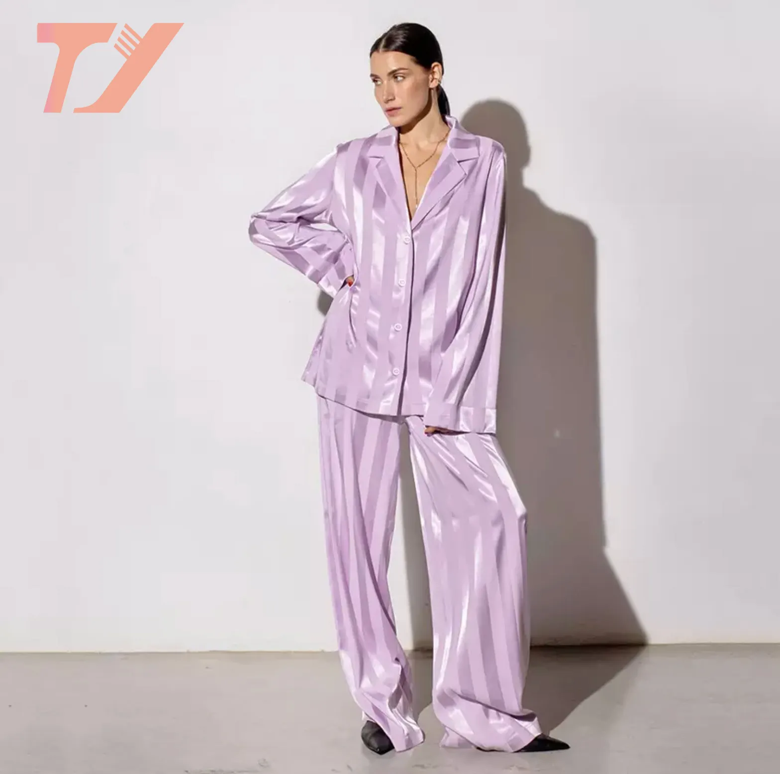 Sommer neue französische Mode bequeme Seide Satin lila gestreifte Nähte Hemd benutzer definierte Pyjamas 2 Stück Damen Nachtwäsche