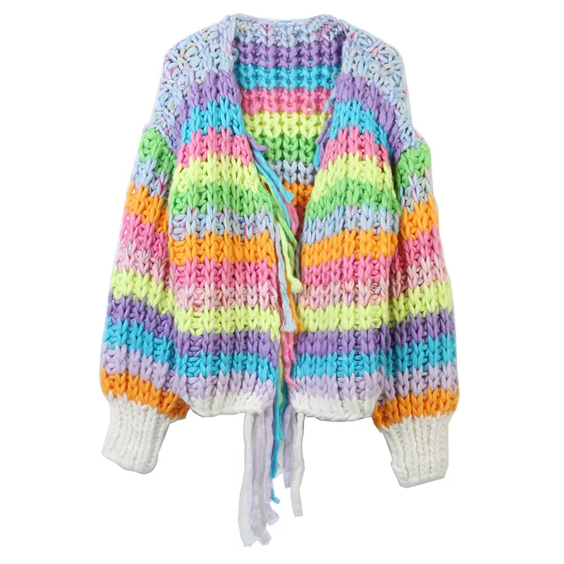 Suéter de ganchillo hecho a mano, suéter de punto para mujer, abrigo de punto cálido grueso, cárdigan de gran tamaño a rayas con borlas para mujer