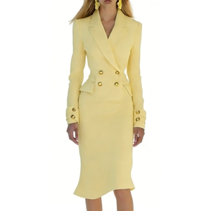 Women's Double-Breasted Blazer Dress - <strong>Gold</strong> Button Midi Sheath Womens <strong>Clothes</strong> Dresses Sehe Fashion - Product Image 6