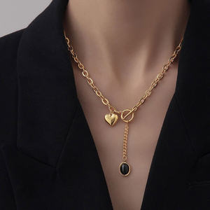 Mode En Acier Inoxydable Épais Cubain Chaîne OT Boucle Noir Pierre Gland Coeur Charmes Collier Pour Les Femmes - Product Image 2