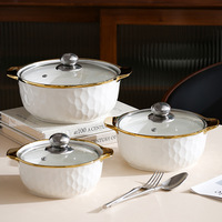 Ensemble de bols à soupe en céramique de grande taille, 3 pièces, deux poignées, couvercle en verre, design haut de gamme, compatible gaz et induction, capacité extra-large, usage domestique et commercial