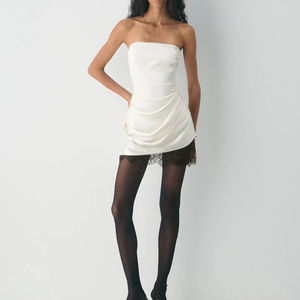 Elegant <b>White</b> Satin Strapless Pleated Short <b>Skirt</b> with Hem Lace Fashionable Party-style Women's Outfit - Product Image 6