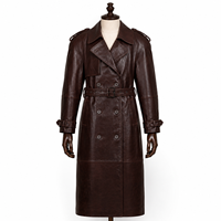 Manteau trench décontracté pour femme en peau de mouton couleur acajou foncé, double boutonnage, avec ceinture à boucles, effet ciré et verni, coupe-vent, respirant et anti-plis