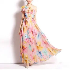 New Irregular Slanted Shoulder Chiffon Floral Long Dress Women Romantic Sweetheart Elegant Summer Casual Dresses