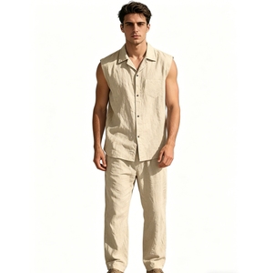 Ensemble 2 pièces <span class=keywords><strong>chemise</strong></span> sans manches boutonnée et <span class=keywords><strong>pantalon</strong></span> en mélange de lin pour <span class=keywords><strong>homme</strong></span> Sehe Fashion - Product Image 2