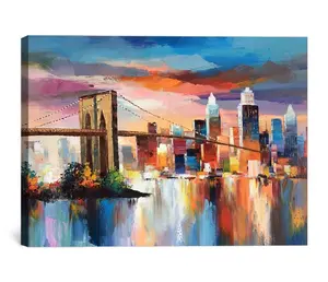 Cuadro al óleo sobre lienzo de Nueva York para decoración del hogar, pared impresiva, arte, puente de Brooklyn, edificios coloridos, hecho a mano