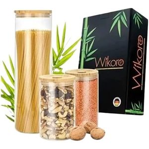Wikoro Juego de Recipientes de Vidrio de Borosilicato de Diseño Minimalista con Tapas de Bambú, Sellado Hermético, para Almacenamiento de Alimentos en la Cocina, Hecho en Italia - Product Image 1